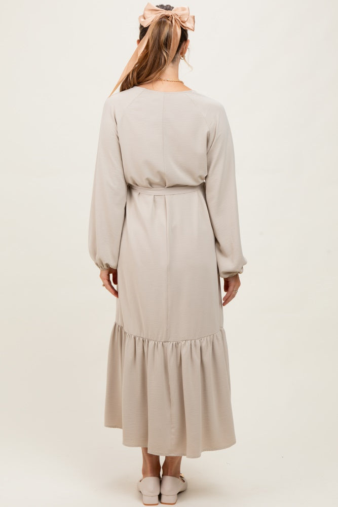 Beige Elegant Long Sleeve Waist Tie Maternity Midi Dress