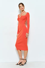 Orange Cutout Cross-Strap Knit Midi Dress