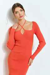 Orange Cutout Cross-Strap Knit Midi Dress