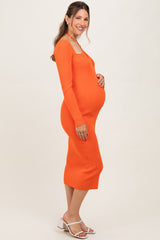 Orange Cutout Cross-Strap Knit Maternity Midi Dress
