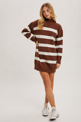 Brown Striped Knit Turtleneck Maternity Sweater Dress