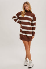 Brown Striped Knit Turtleneck Maternity Sweater Dress