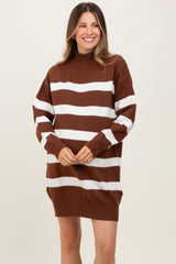 Brown Striped Knit Turtleneck Maternity Sweater Dress