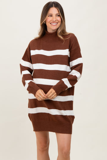 Brown Striped Knit Turtleneck Maternity Sweater Dress