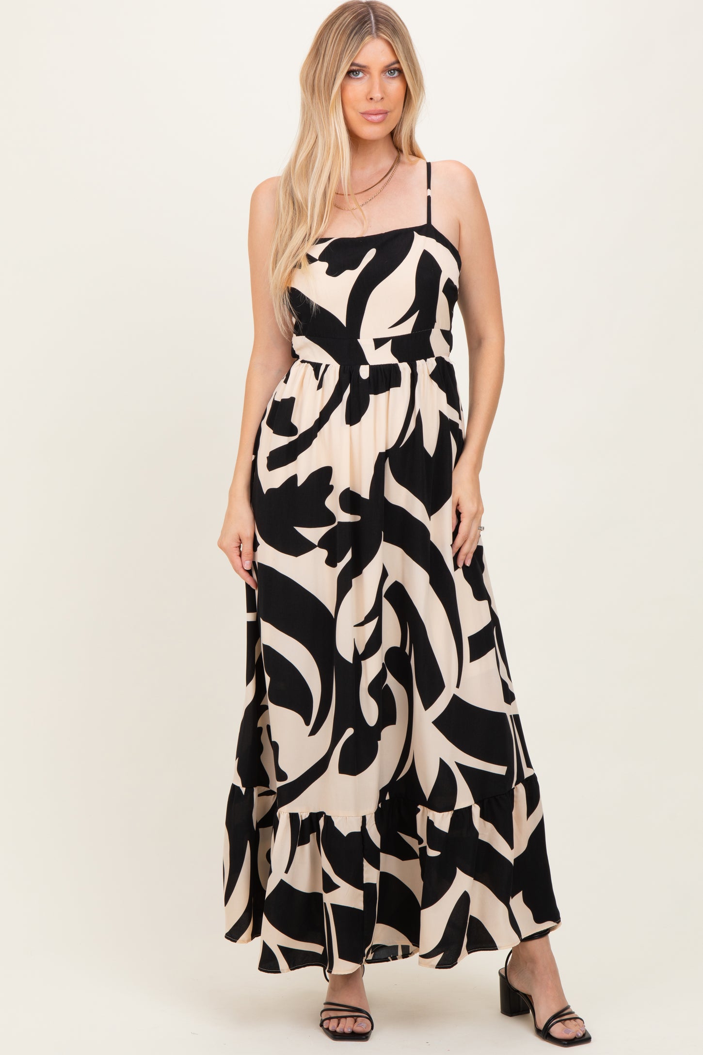 Black Printed Sleeveless Cutout Tie Back Maxi Dress