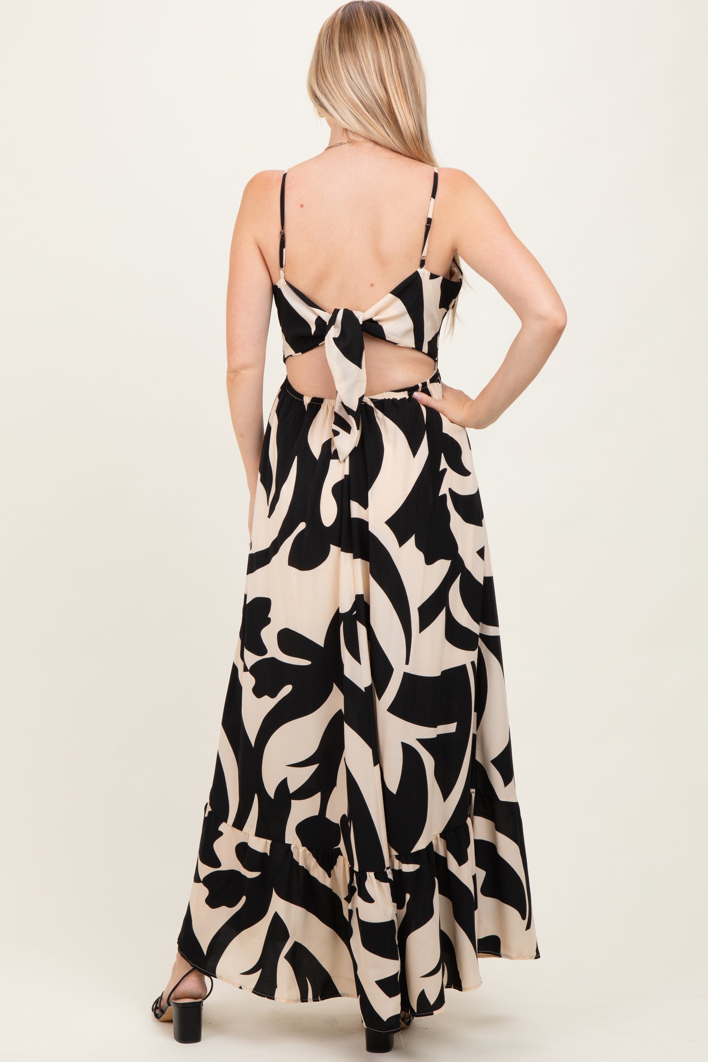 Black Printed Sleeveless Cutout Tie Back Maxi Dress