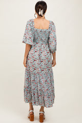 Light Blue Floral Smocked Sweetheart Neckline Midi Dress