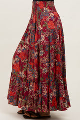 Burgundy Floral Smocked Waist Tiered Maxi Skirt