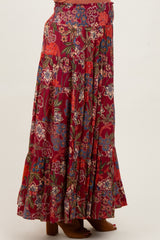 Burgundy Floral Smocked Waist Tiered Maternity Maxi Skirt