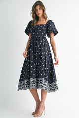 Navy Floral Embroidery Puff Sleeve Midi  Dress