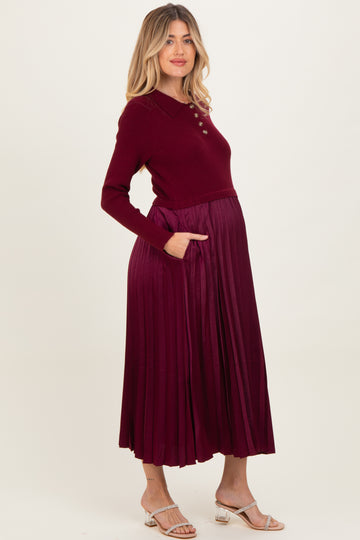 Burgundy Collared Knit Contrast Pleated Skirt Maternity Midi Dress