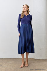 Navy Collared Knit Contrast Pleated Skirt Maternity Midi Dress