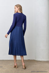 woman wearing a navy blue long sleeve pleated dress with a fitted top and flowing skirt, viewed from the back