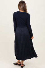 Navy Collared Knit Contrast Pleated Skirt Maternity Midi Dress