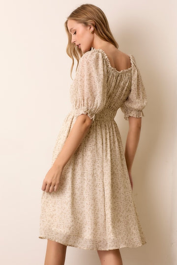 Cream Floral Square Neck Ruffle Accent Midi Dress