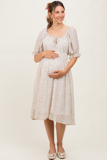 Cream Floral Square Neck Ruffle Accent Maternity Midi Dress