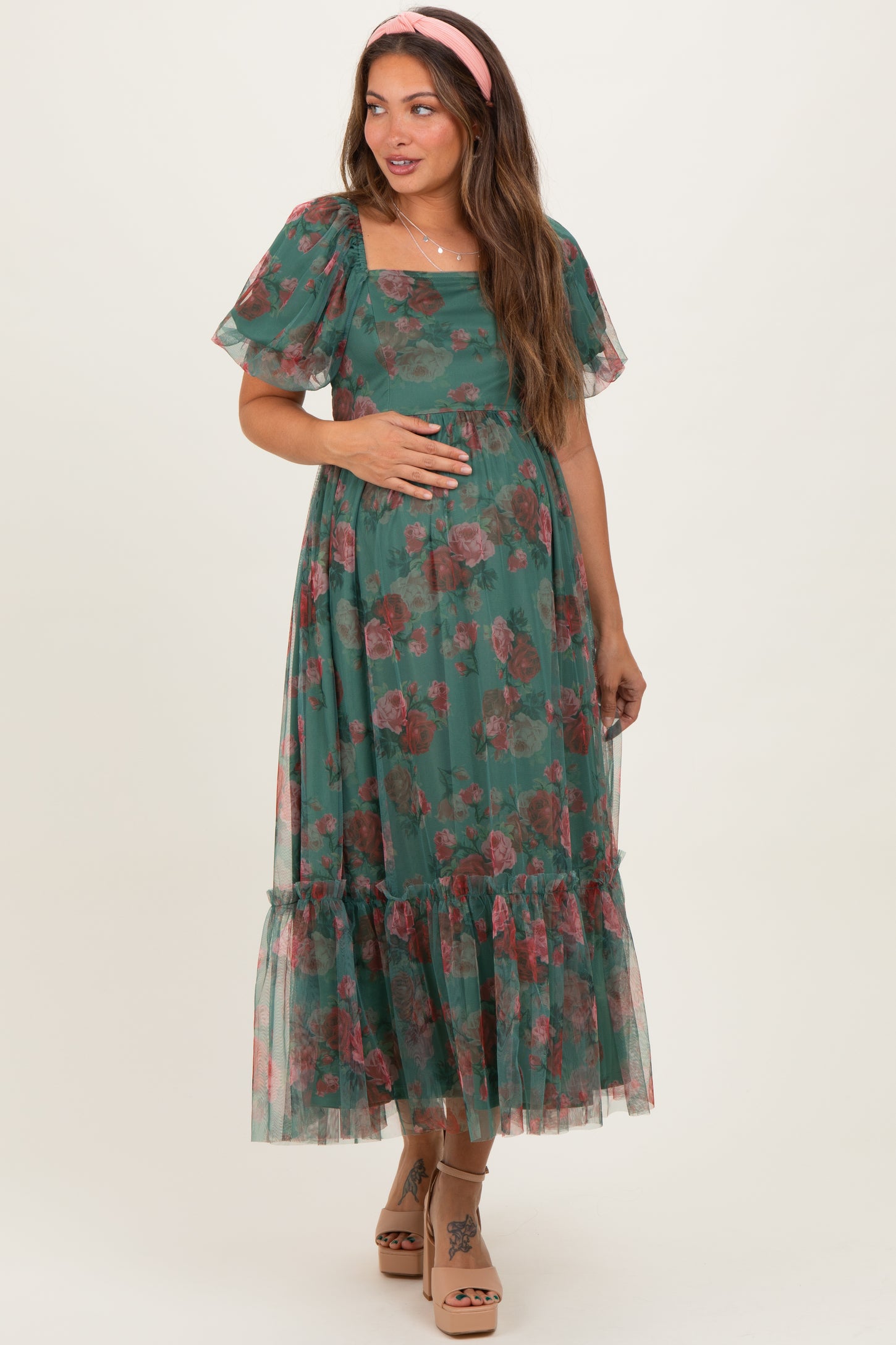 Forest Green Rose Print Tulle Overlay Maternity Midi Dress