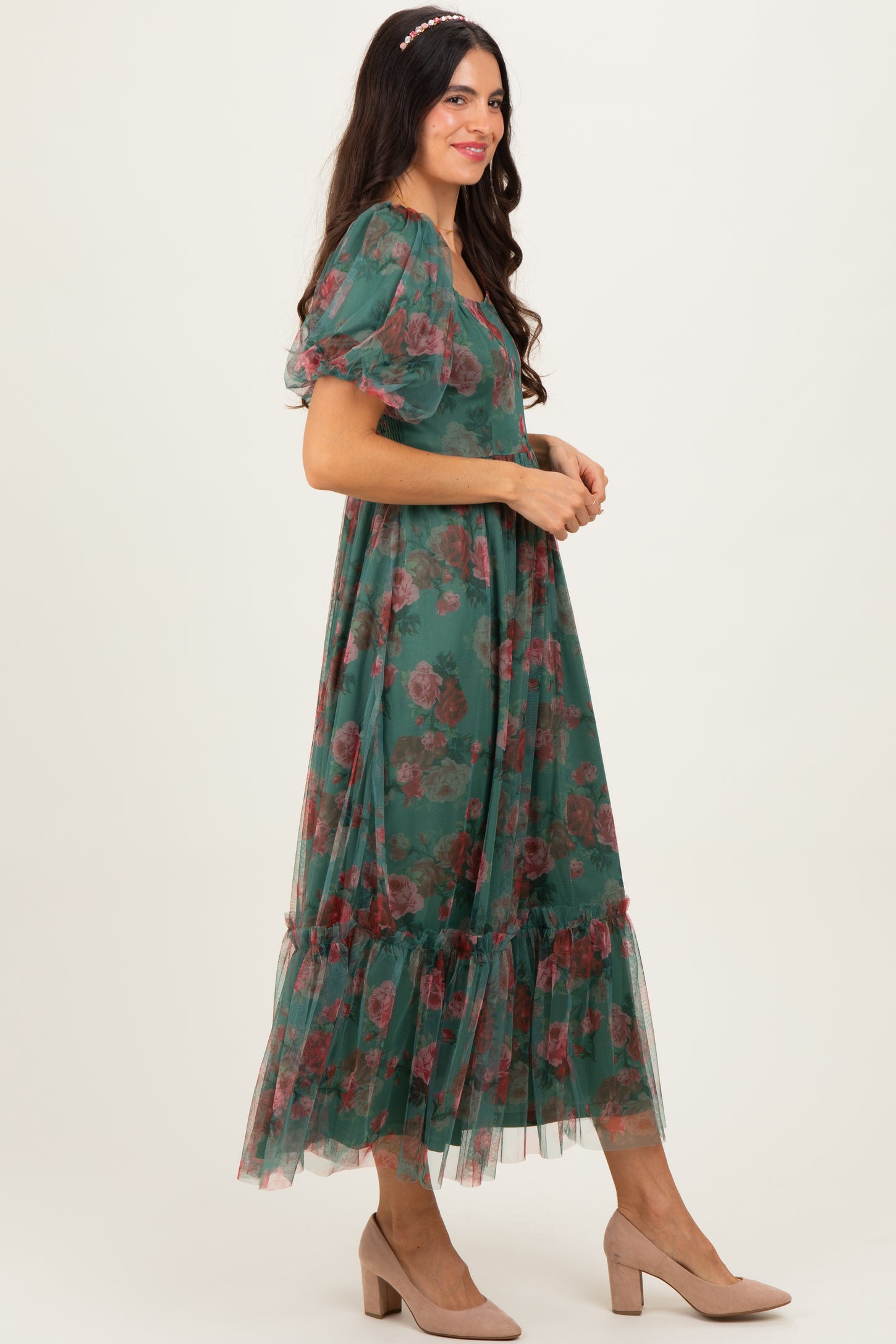 Forest Green Rose Print Tulle Overlay Midi Dress