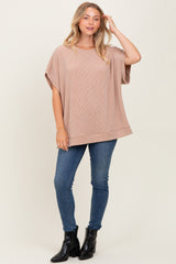 Mocha Solid Ribbed Short Sleeve Oversized Tunic Top
