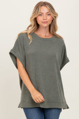 Olive Solid Ribbed Short Sleeve Oversized Maternity Tunic Top