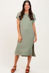 Olive Ribbed Short Sleeve Midi Dress
