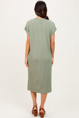 Olive Ribbed Short Sleeve Midi Dress