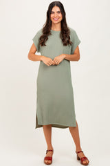 Olive Ribbed Short Sleeve Midi Dress