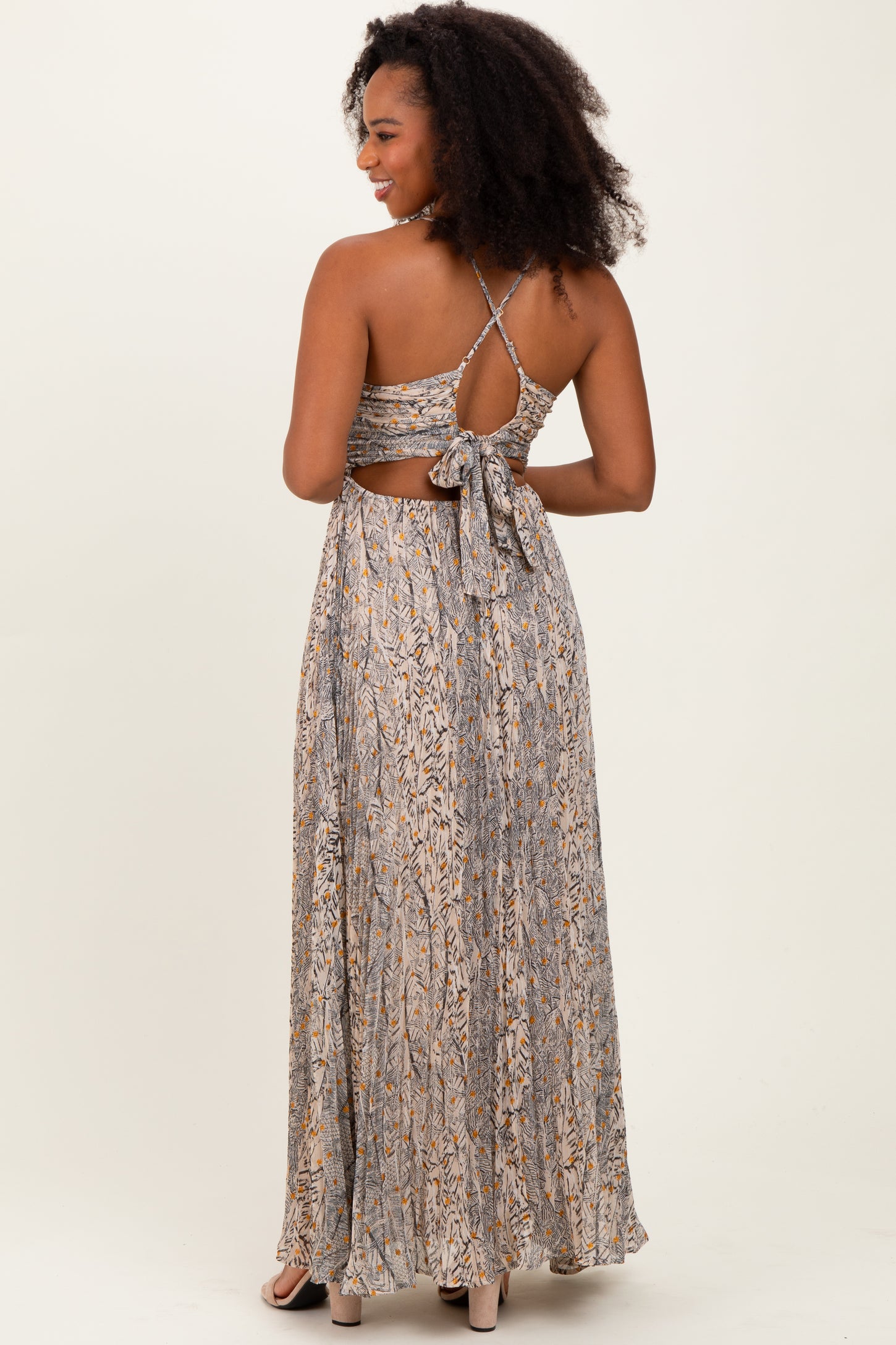 Beige Floral Cutout Tie Back Maxi Dress