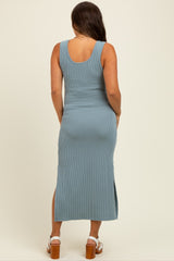 Blue Ribbed Side Slit Maternity Maxi Dress