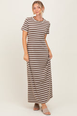 Brown Striped Short Sleeve Maternity Midi Dress
