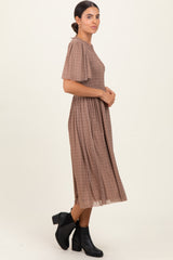 Beige Plaid Smocked Mesh Midi Dress
