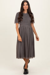 Black Plaid Smocked Mesh Midi Dress