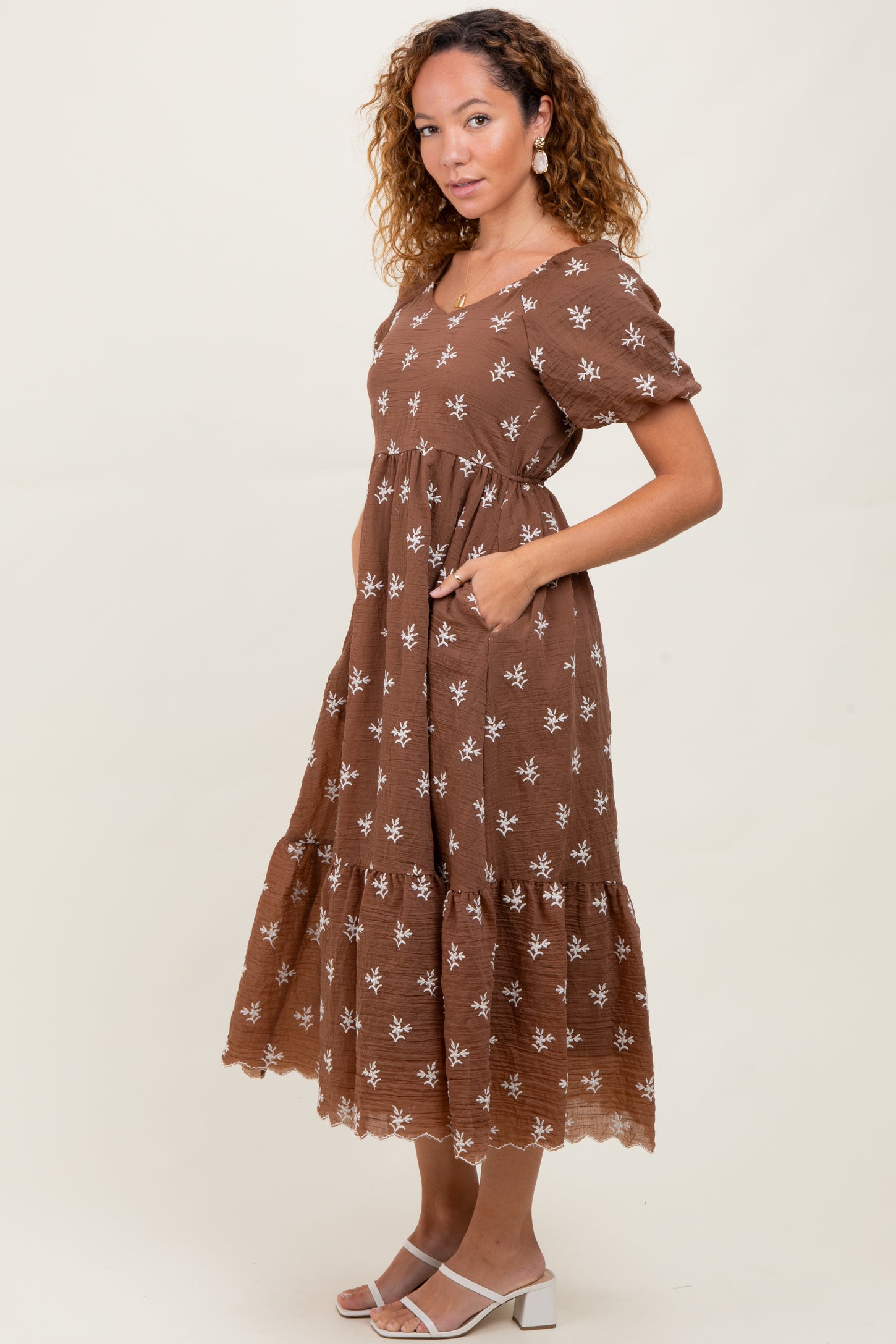 Brown Floral Embroidered Tiered Midi Dress