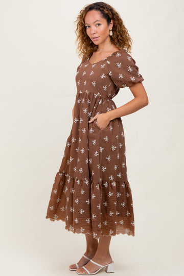 Brown Floral Embroidered Tiered Midi Dress