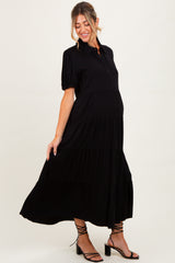 Black Collared Button Down Tiered Maternity Midi Dress