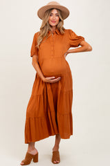 Camel Collared Button Down Tiered Maternity Midi Dress