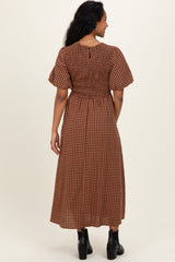 Brown Gingham Smocked Tiered Maternity Midi Dress