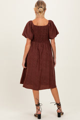 Brown Ruched Sweetheart Neck Maternity Dress