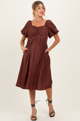 Brown Ruched Sweetheart Neck Maternity Dress