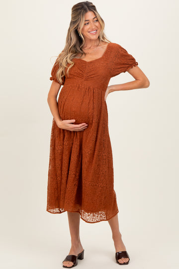 Rust Embroidered Mesh Short Sleeve Maternity Midi Dress