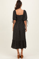 Black Floral Tie Sleeve Midi Dress