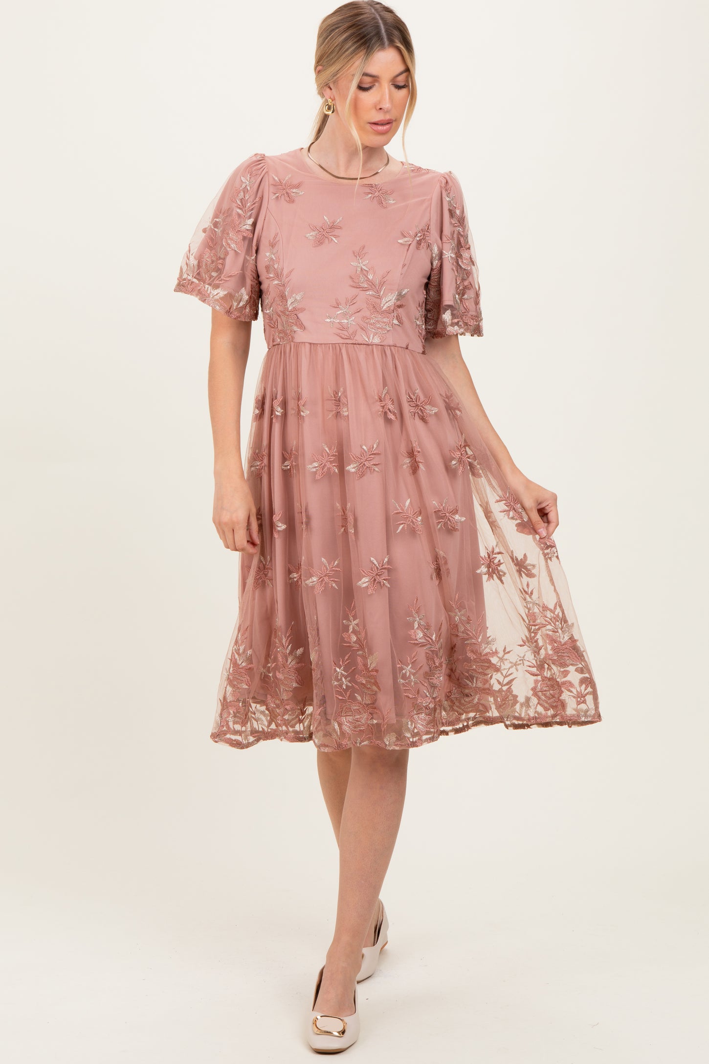 Light Pink Floral Embroidered Mesh Maternity Midi Dress