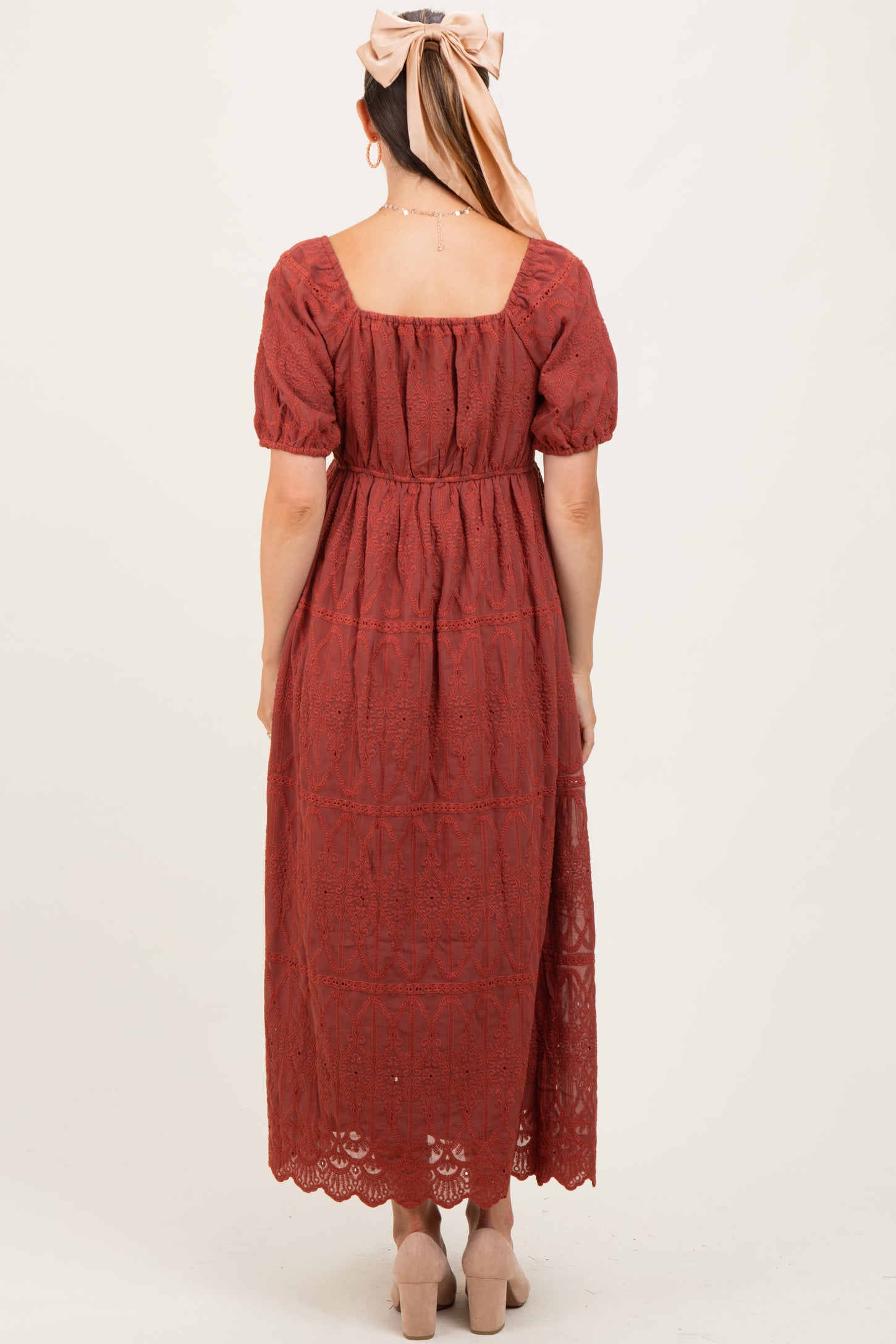 Rust Floral Embroidered Chiffon Maternity Midi Dress