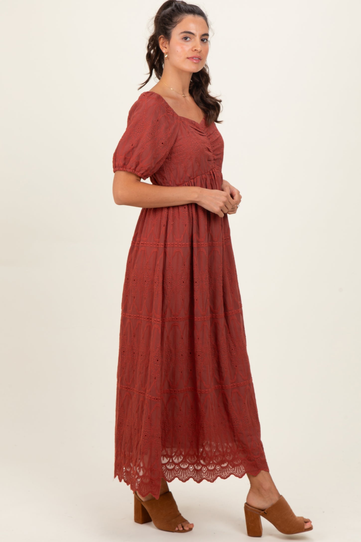 Rust Floral Embroidered Chiffon Midi Dress