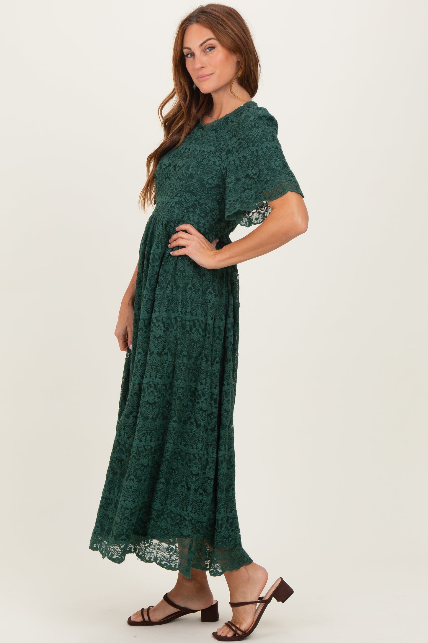 Forest Green Floral Lace Midi Dress