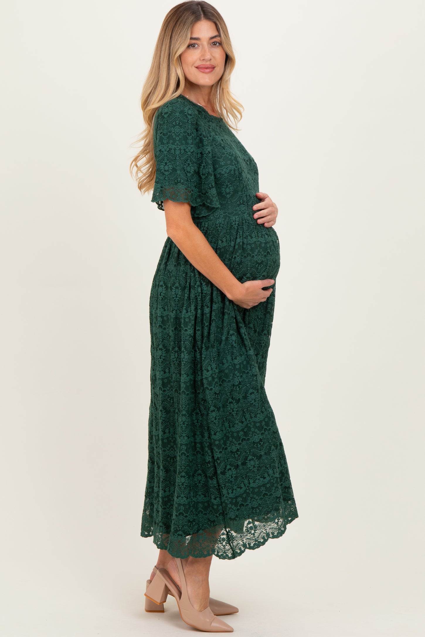 Forest Green Floral Lace Maternity Midi Dress