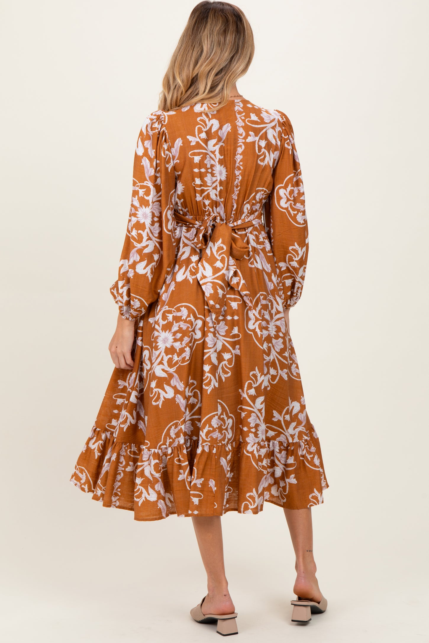 Camel Floral Twist Front Long Sleeve Maternity Midi Dress