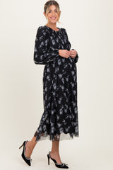 Black Floral Mesh Smocked Maternity Midi Dress
