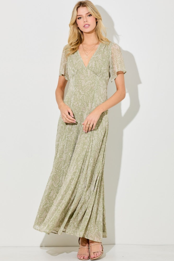 Light Olive Floral Chiffon V-Neck Maxi Dress