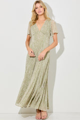 Light Olive Floral Chiffon V-Neck Maxi Dress